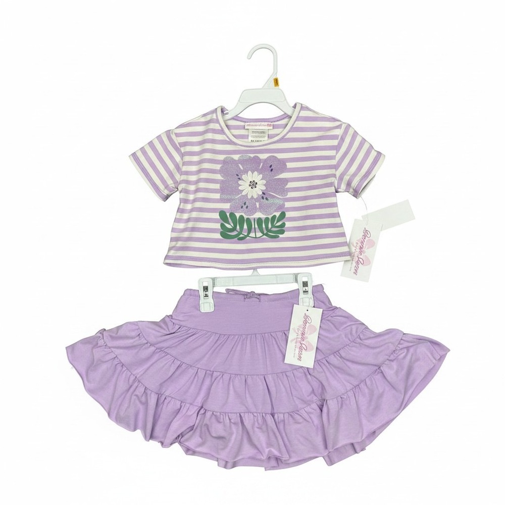 Bonnie Jean Girls Lavender Striped Floral‎ T-Shirt and Tiered Skort Set 3T NEW
